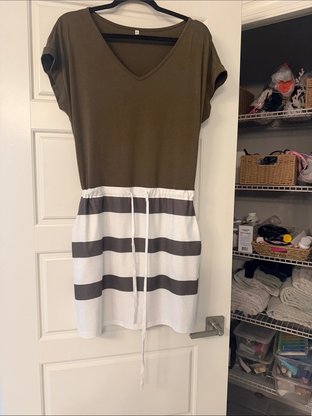 Olive Green V-Neck Striped Waist Tie Dress adjustable drawstring with pockets